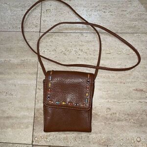 Vintage Fossil Small Crossbody Purse Genuine Brown‎ Leather Beaded 6”x4.5”